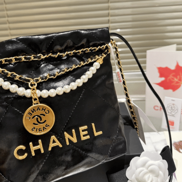 Chanel 22 Mini Drawstring Bucket Bag Black Pearl 7.9 Inches