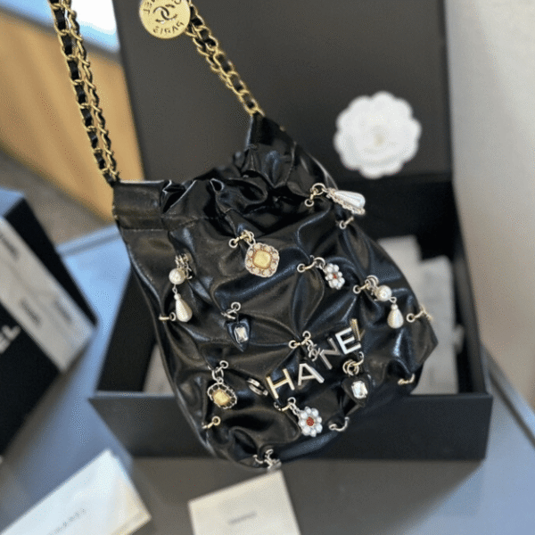 5-242 Chanel 22 Mini Drawstring Bucket Bag Black 7.9 Inches