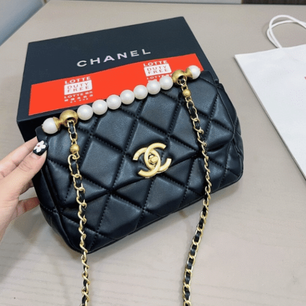 Chanel Flap Pearl Chain Shoulder Bag Black 8.7 Inches
