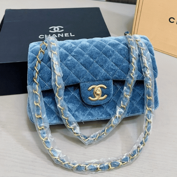 Chanel Velvet Classic Flap Bag Blue 9.8 Inches