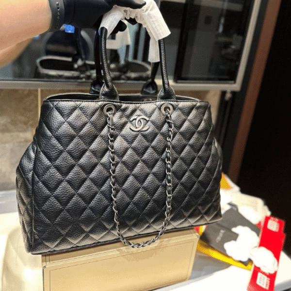 Chanel Quilted Tote Bag Black Gold Chain 15.4 Inches