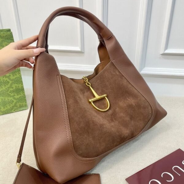5-4 Gucci Softbit Maxi Suede Shoulder Bag Brown 16.5 Inches