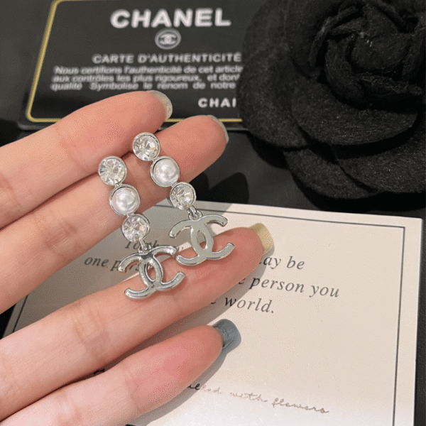 Chanel Cc Logo Drop Earrings With Pearls And Rhinestones Silver-Tone