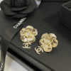 Chanel Camellia Flower Drop Earrings With Cc Logo Gold-Tone
