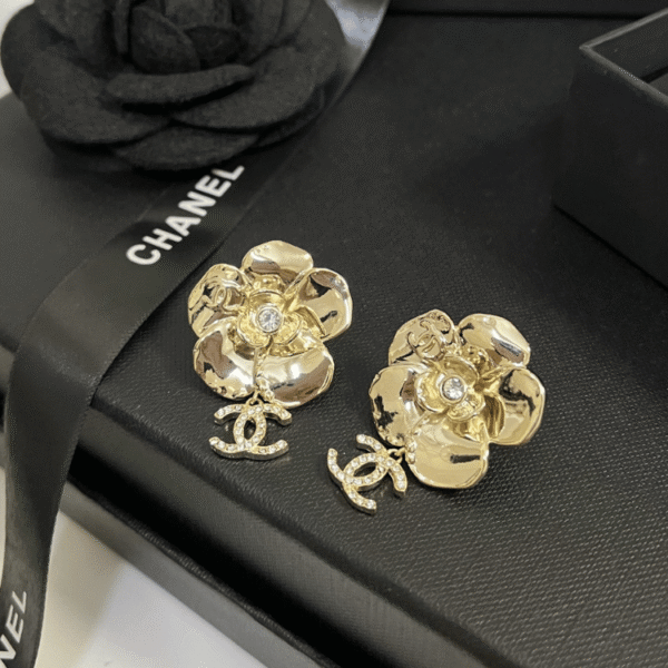 Chanel Camellia Flower Drop Earrings With Cc Logo Gold-Tone