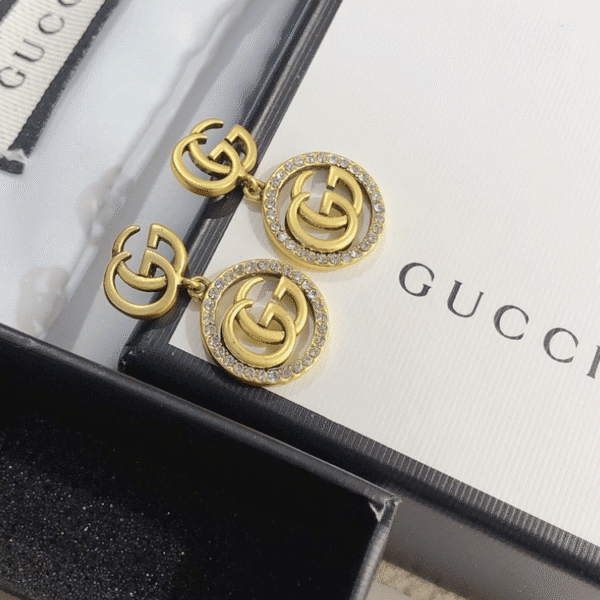 Gucci Interlocking G Drop Earrings With Rhinestones Gold-Tone
