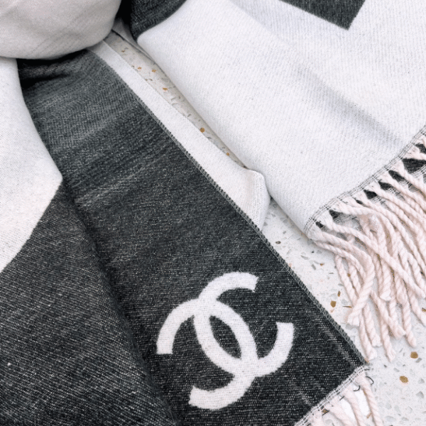Chanel No. 5 Logo Cashmere Wool Scarf Black/White 70.8 Inches