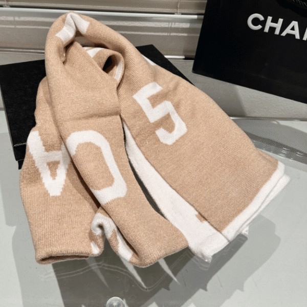 5-504.png Chanel No. 5 Logo Cashmere/Wool Scarf Beige/White 70.8 Inches