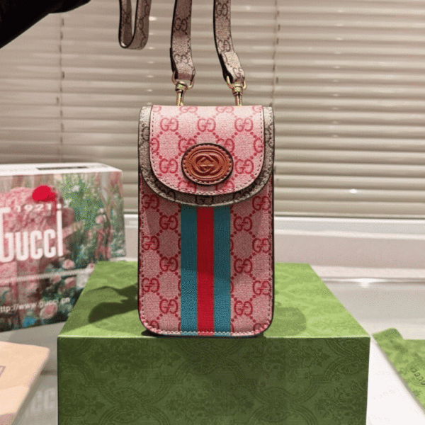 Gucci Ophidia Phone Bag Gg Supreme Pink 7 Inches