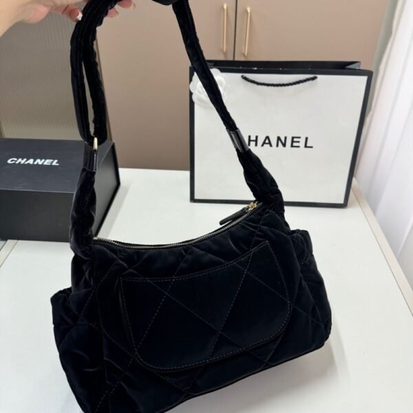 5-57 Chanel Large Bowling Bag Velvet Effect Nylon Gold Tone Black 10.6 Inches AS5054 B21379 94305
