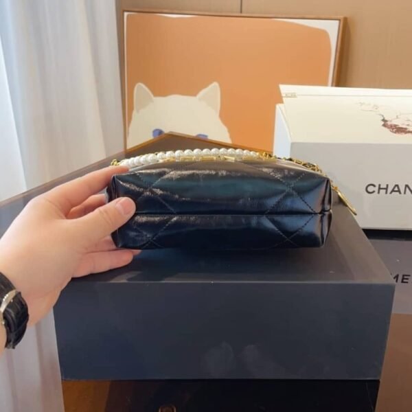 5-63 Chanel 22 Mini Handbag Shiny Crystal Pearls Gold Tone Metal Black 7.8 Inches As3980 B10672 94305