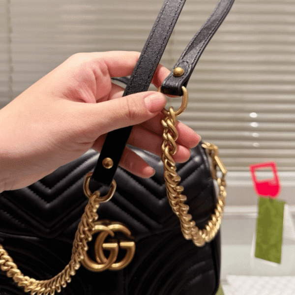 Gucci Gg Marmont Top Handle Chain Shoulder Bag Black 10.6 Inches