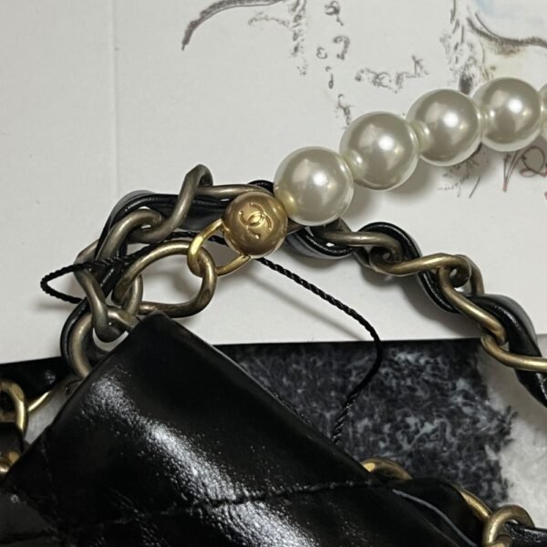 [Premium Quality] – Chanel 22 Mini Handbag Shiny Crystal Pearls Gold Tone Metal Black 7.8 Inches As3980 B10672 94305