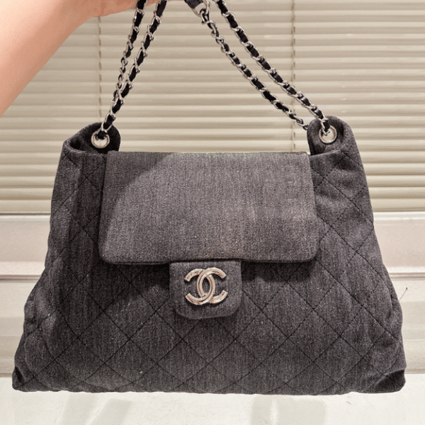 Chanel Quilted Denim Flap Bag Grey 11.8 Inches
