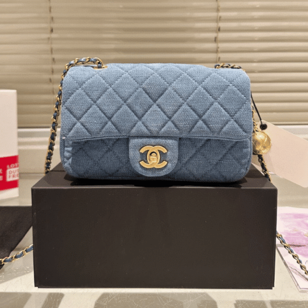 Chanel Denim Gold Ball Square Flap Bag Blue 7.9 Inches