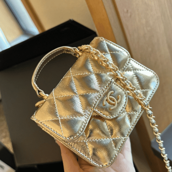 Chanel Mini Top Handle Flap Bag Gold Metallic 5.1 Inches
