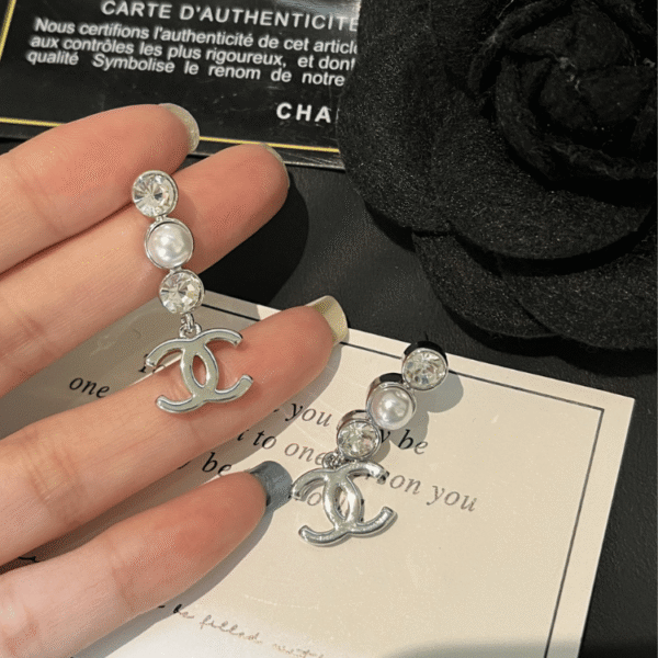 Chanel Cc Logo Drop Earrings With Pearls And Rhinestones Silver-Tone