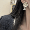 Chanel Camellia Flower Drop Earrings With Cc Logo Gold-Tone