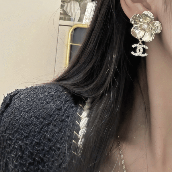 Chanel Camellia Flower Drop Earrings With Cc Logo Gold-Tone