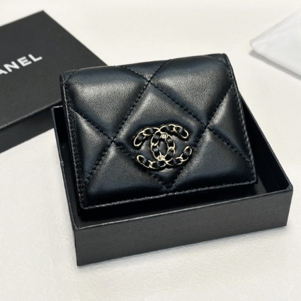 Chanel 19 Tri-Fold Wallet Black Gold/Chain Hardware 4.3 Inches