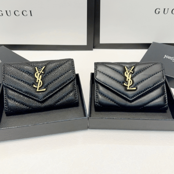 Saint Laurent Envelope Tri-Fold Wallet Black Grain De Poudre 3.5 Inches