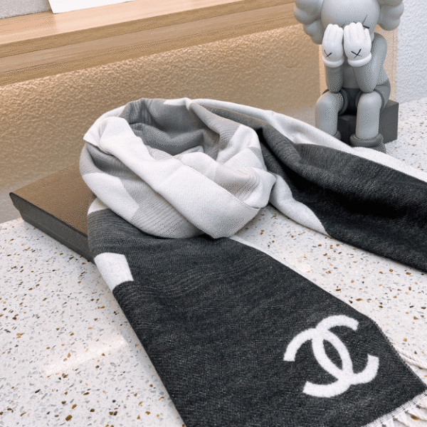 Chanel No. 5 Logo Cashmere Wool Scarf Black/White 70.8 Inches