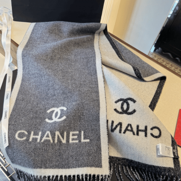 Chanel Logo Cashmere Scarf Grey/White 74.8 Inches