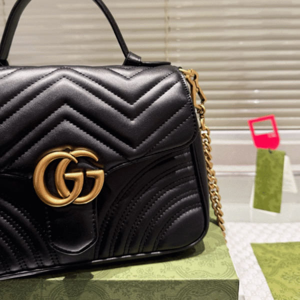 Gucci Gg Marmont Top Handle Chain Shoulder Bag Black 10.6 Inches