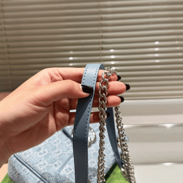 Gucci Gg Marmont Denim Chain Shoulder Bag Blue 8.7 Inches