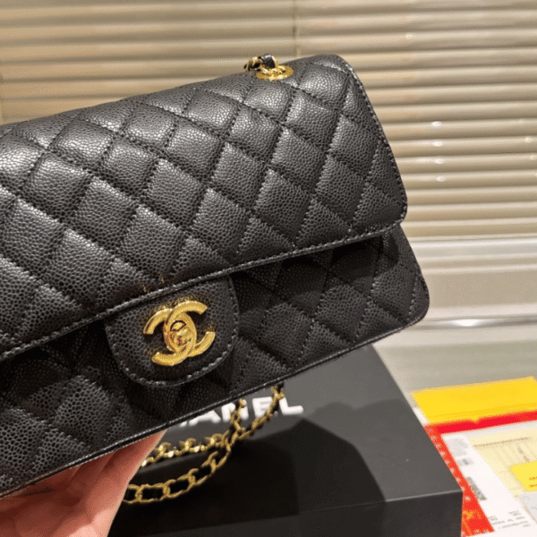 Chanel Medium Classic Handbag Grained And Gold Tone Metal Black 10.2 Inches A01113 Y01864 C3906
