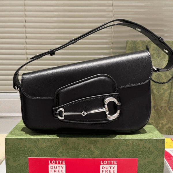 Gucci Horsebit 1955 Asymmetric Shoulder Bag Black 7.9 Inches