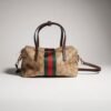 Gucci Mini Boston Bag Web GG Canvas Sand Dark Brown 7.5 Inches