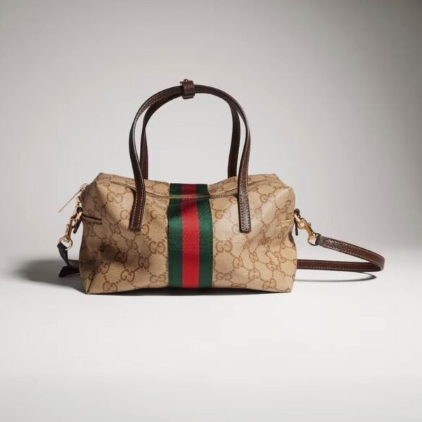 Gucci Mini Boston Bag Web GG Canvas Sand Dark Brown 7.5 Inches