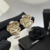 Chanel Camellia Flower Drop Earrings With Cc Logo Gold-Tone