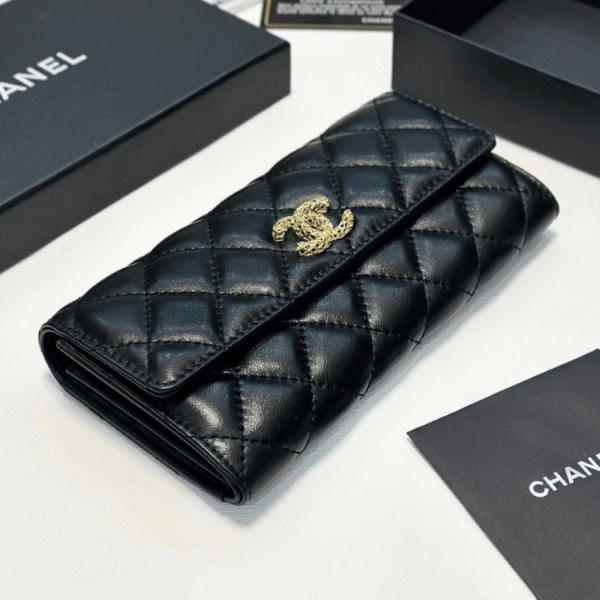 Chanel Quilted Long Flap Wallet Black 7.7 Inches