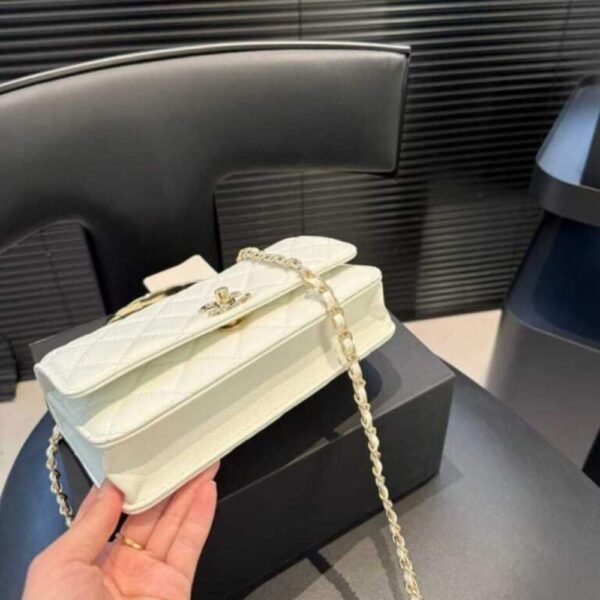 7-18 Chanel Clutch With Strap Shiny Crumpled With Imitation Pearls White 7.9 Inches Ap3803 B15603 10601