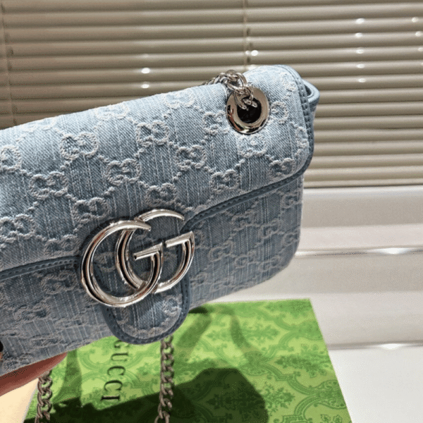 Gucci Gg Marmont Denim Chain Shoulder Bag Blue 8.7 Inches