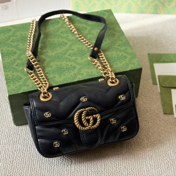 Gucci Gg Marmont Studded Matelessé Shoulder Bag Black 8.7 Inches