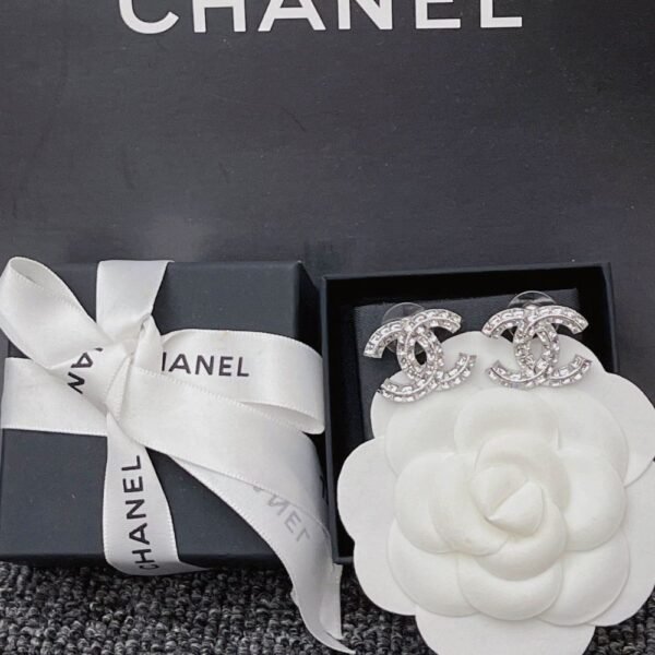 Chanel Cc Crystal Stud Earrings Metal Silver