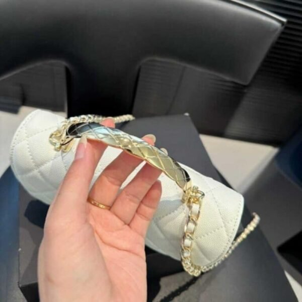8-17 Chanel Clutch With Strap Shiny Crumpled With Imitation Pearls White 7.9 Inches Ap3803 B15603 10601