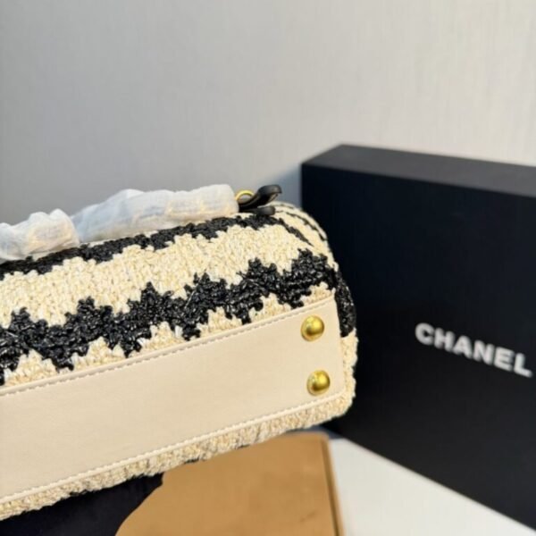 Chanel Small Shopping Bag Braided Straw And Gold Tone Metal Beige And Black 7.9 Inches