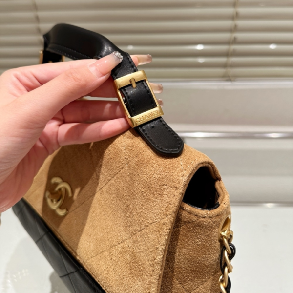 Chanel Large Flap Bag With Top Handle Shiny And Gold Tone Metal Beige Black 11.4 Inches As5637 B20827 U1536