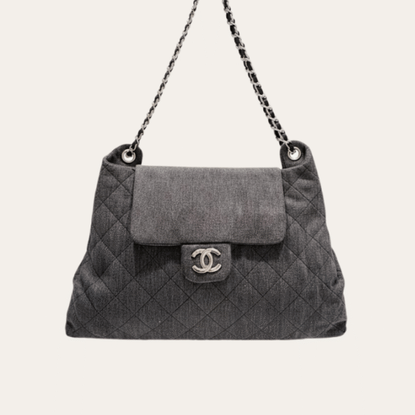 Chanel Quilted Denim Flap Bag Grey 11.8 Inches