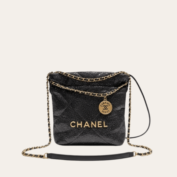 Chanel 22 Sequined Coin Bucket Bag Black 6.7 Inches
