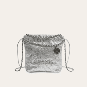 Chanel 22 Sequined Coin Bucket Bag Silver 6.7 Inches