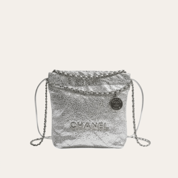 Chanel 22 Sequined Coin Bucket Bag Silver 6.7 Inches