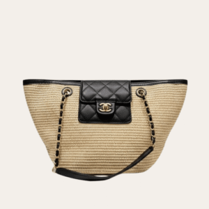 Chanel Raffia Woven Tote Bag Natural/Black 7.9 Inches