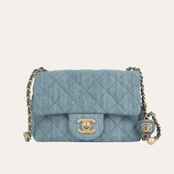 AURCN-BAG1041 Chanel Denim Gold Ball Square Flap Bag Blue 7.1 Inches