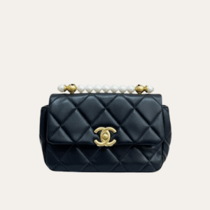 Chanel Flap Pearl Chain Shoulder Bag Black 8.7 Inches