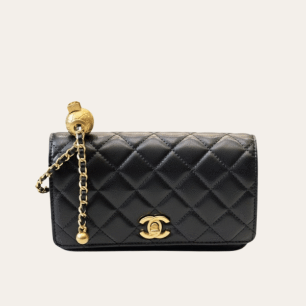 Chanel Flap Bag Woc (Wallet On Chain) With Gold Ball Charm Black 7.5 Inches